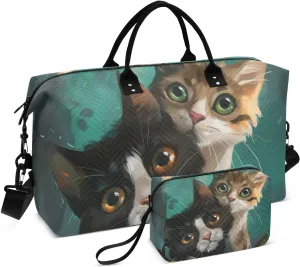 Large Travel Duffel Bag, Three Cats Watch Sport Tote Gym Bag, Shoulder Weekender Overnight Bag for Women Men, Carry On Luggage with Toiletry Bag