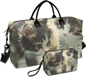 Large Travel Duffel Bag, Two Kittens Reflected Pond Sport Tote Gym Bag, Shoulder Weekender Overnight Bag for Women Men, Carry On Luggage with Toiletry Bag