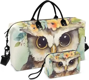 Large Travel Duffel Bag, Watercolor Owl Garland Sport Tote Gym Bag, Shoulder Weekender Overnight Bag for Women Men, Carry On Luggage with Toiletry Bag