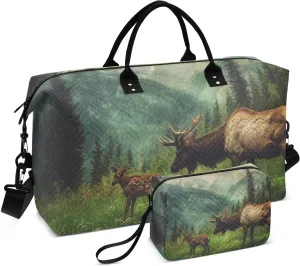 Large Travel Duffel Bag, Wild Elk Nature Calf Sport Tote Gym Bag, Shoulder Weekender Overnight Bag for Women Men, Carry On Luggage with Toiletry Bag