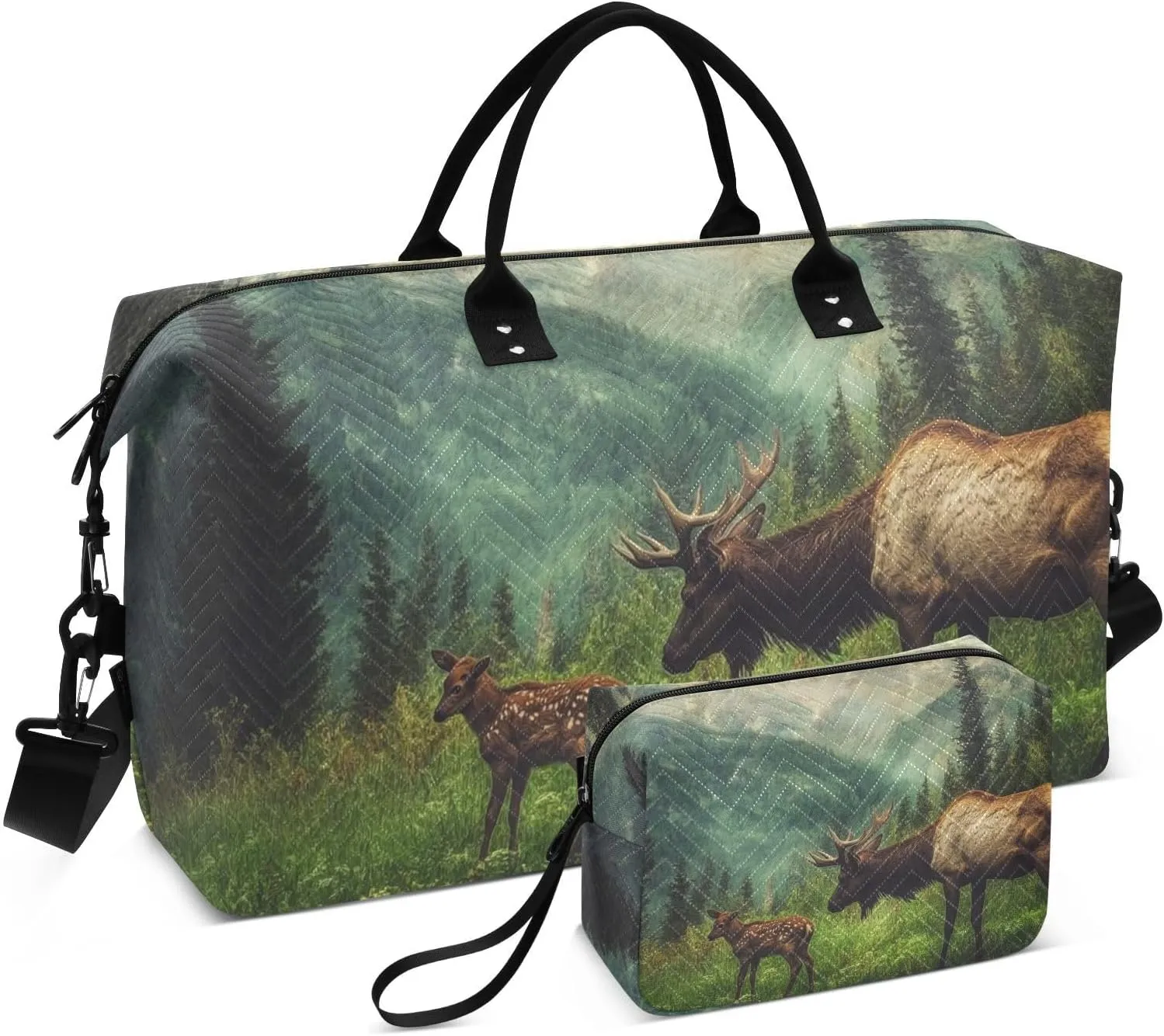 Large Travel Duffel Bag, Wild Elk Nature Calf Sport Tote Gym Bag, Shoulder Weekender Overnight Bag for Women Men, Carry On Luggage with Toiletry Bag