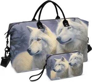 Large Travel Duffel Bag, Wolf White Night Moon Sport Tote Gym Bag, Shoulder Weekender Overnight Bag for Women Men, Carry On Luggage with Toiletry Bag