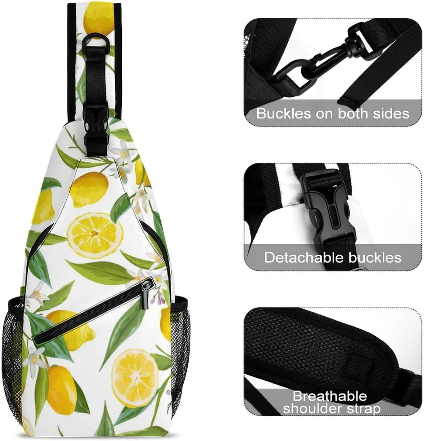 Leaves Lemons Flowers Sling Bag Men Womans Crossbody Backpack Chest Daypack Casual Backpack Shoulder Bag Running Daypack Leisure Backpacks