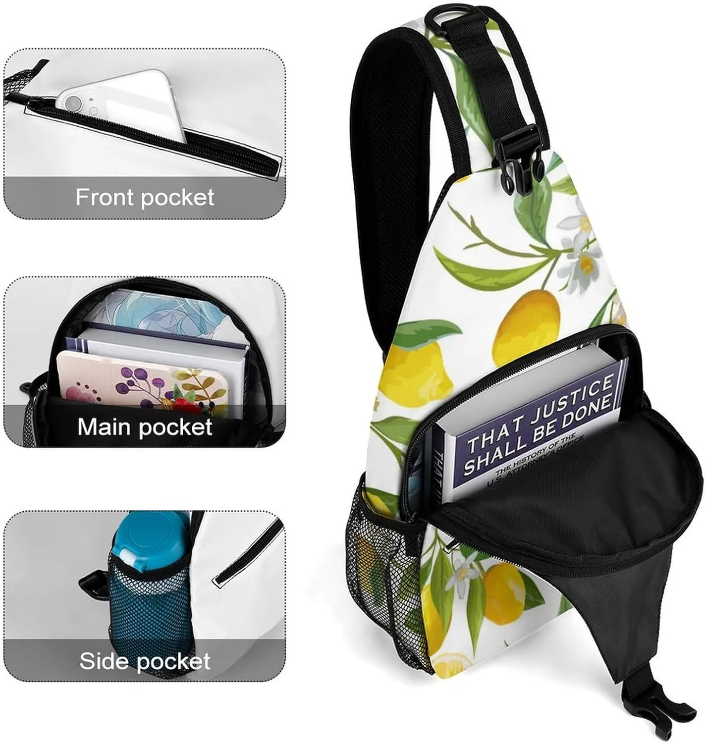 Leaves Lemons Flowers Sling Bag Men Womans Crossbody Backpack Chest Daypack Casual Backpack Shoulder Bag Running Daypack Leisure Backpacks