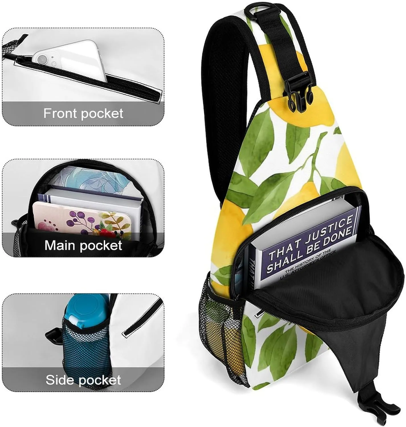 Leaves Lemons Flowers Sling Bag Mens Womans Crossbody Backpack Chest Daypack Casual Backpack Hiking Bag Running Daypack Sports Backpacks