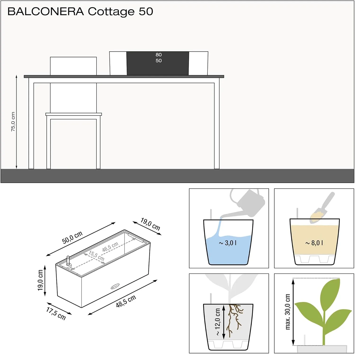 Lechuza 15609 Balconera Cottage 50 Self-Watering Indoor and Outdoor Use, 20" x 7" x 7", Black Planter, 50 x 19 x 19 cm