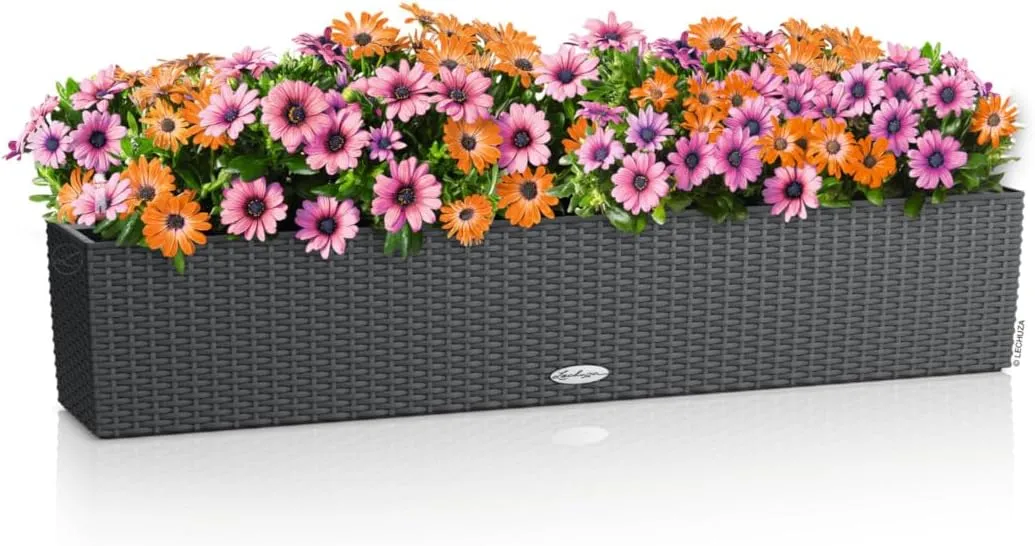 Lechuza - Balconera Cottage 100 Granite Planter, Balcony Box with Watering System, Water Level Indicator and Plant Insert, Wicker Look, 99 x 19 x 19 cm, 15911