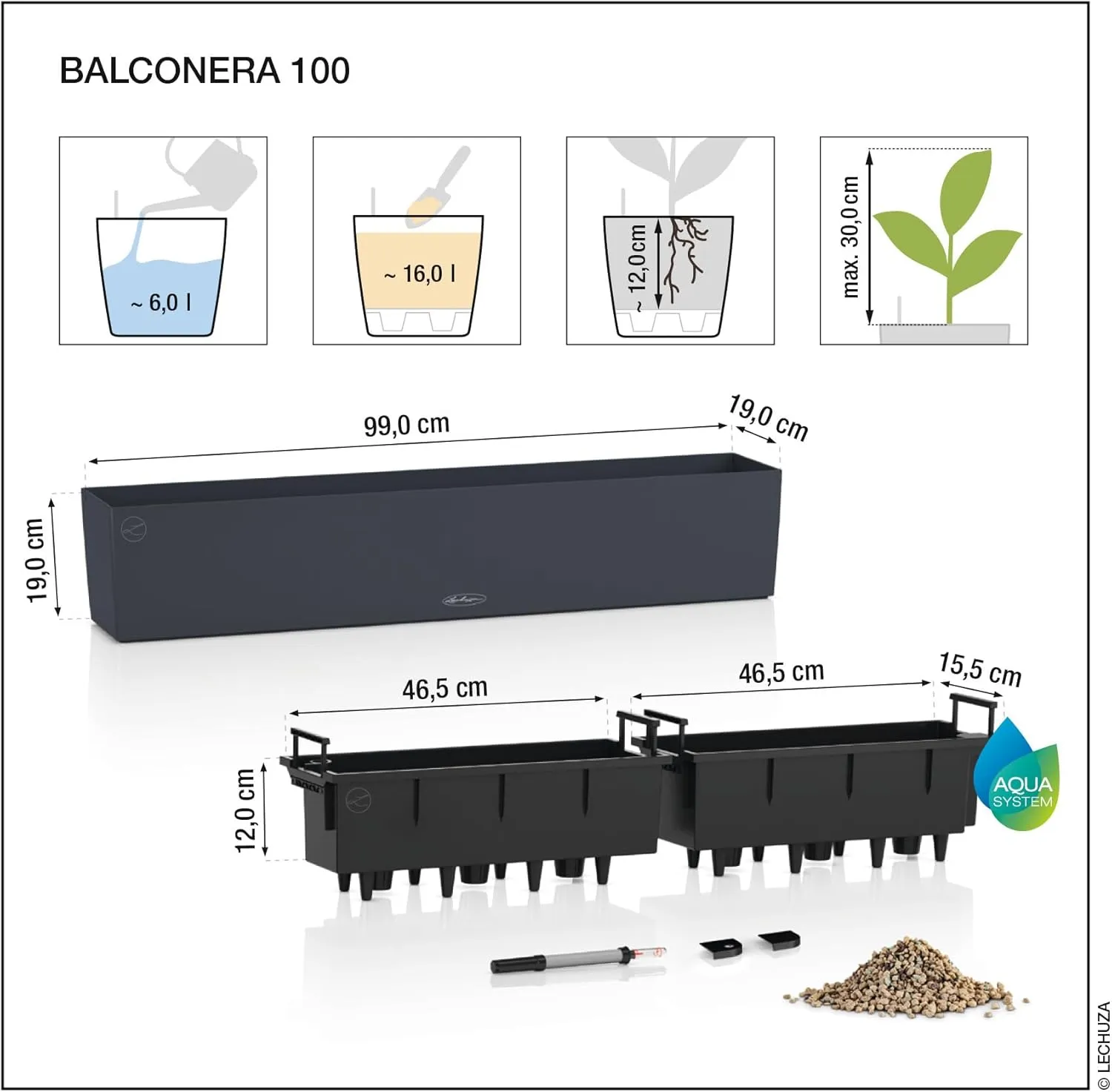 Lechuza - Balconera Cottage 100 Granite Planter, Balcony Box with Watering System, Water Level Indicator and Plant Insert, Wicker Look, 99 x 19 x 19 cm, 15911