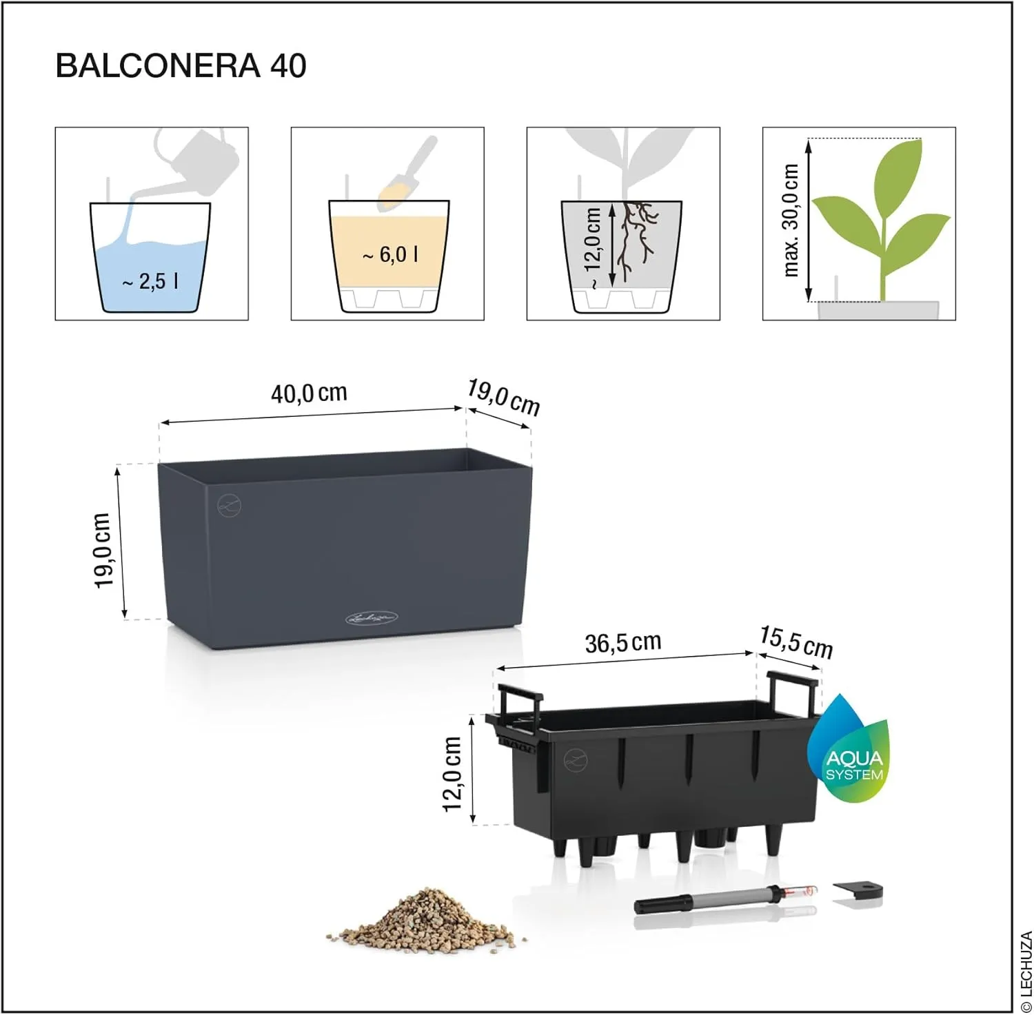 Lechuza - Balconera Cottage 40 Planter, Graphite Black, Balcony Box with Watering System, Water Level Indicator and Plant Insert, Wicker Look, 40 x 19 x 19 cm, 15475