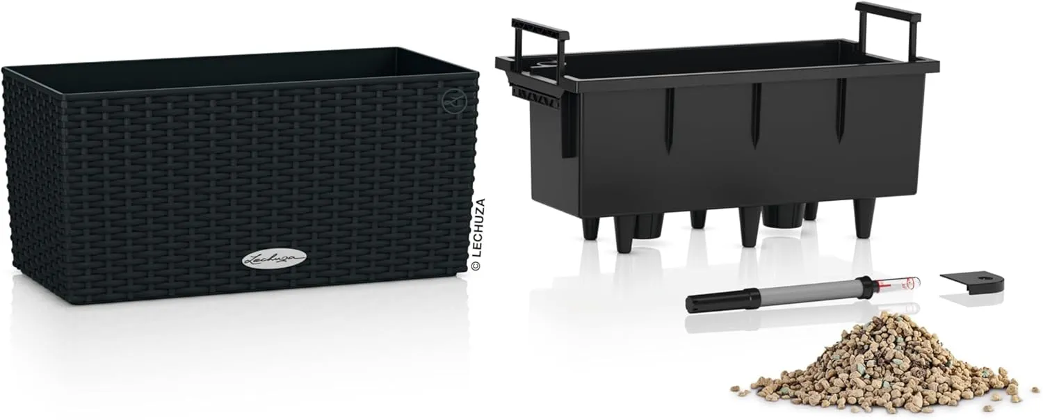 Lechuza - Balconera Cottage 40 Planter, Graphite Black, Balcony Box with Watering System, Water Level Indicator and Plant Insert, Wicker Look, 40 x 19 x 19 cm, 15475