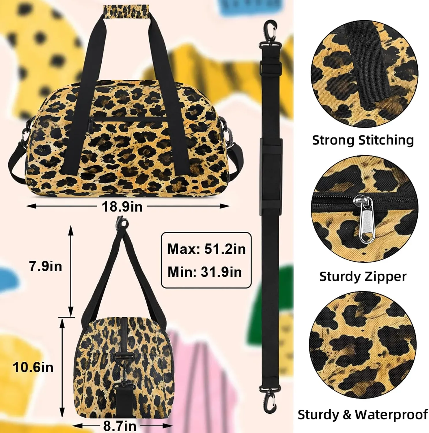 Leopard Print Cheetah Brown Orange Small Gym Bag 18 inch Carry On Duffel Bag for Weekender Travel Sports Workout Yoga Gymnastics Dance Ballet