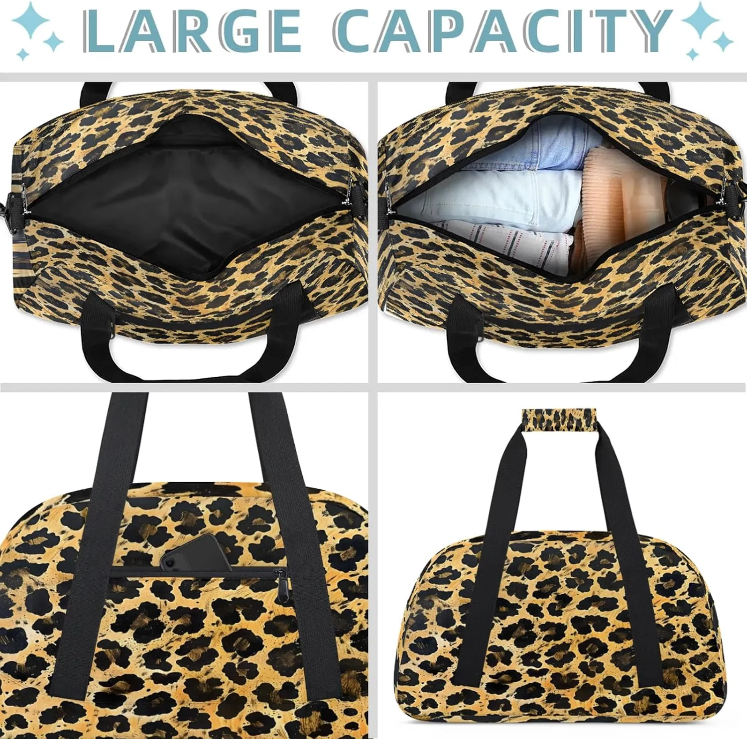 Leopard Print Cheetah Brown Orange Small Gym Bag 18 inch Carry On Duffel Bag for Weekender Travel Sports Workout Yoga Gymnastics Dance Ballet