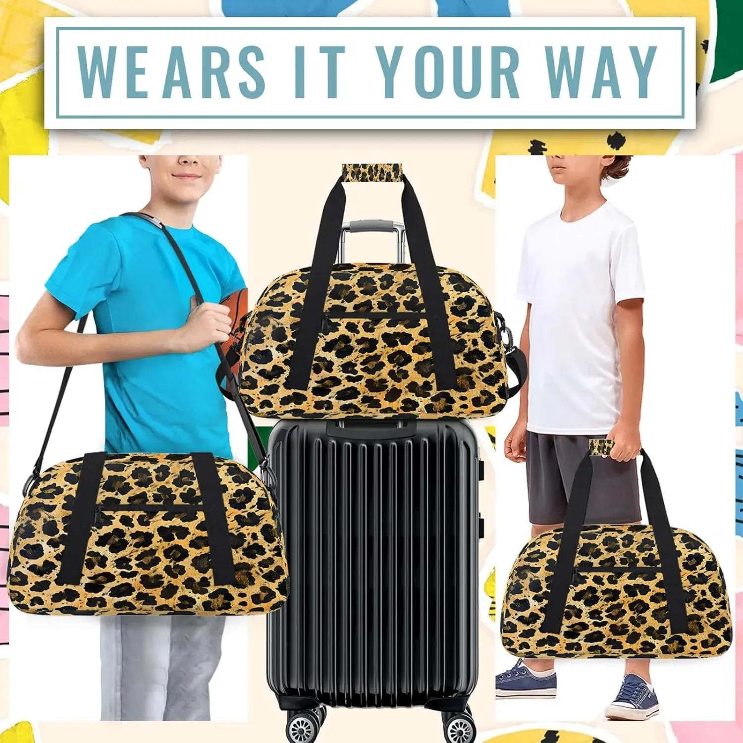 Leopard Print Cheetah Brown Orange Small Gym Bag 18 inch Carry On Duffel Bag for Weekender Travel Sports Workout Yoga Gymnastics Dance Ballet