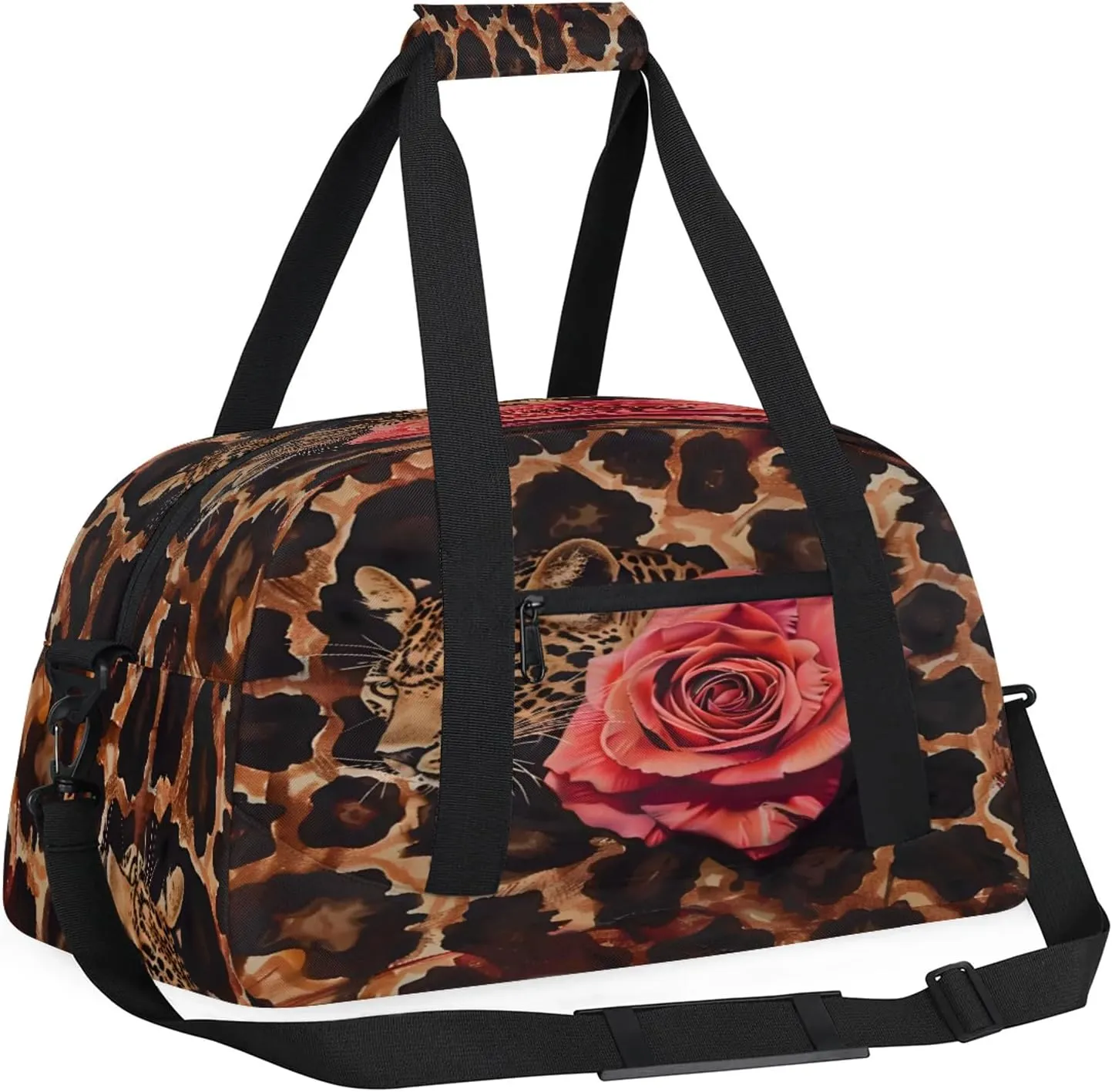 Leopard Print Rose Small Gym Bag 18 inch Carry On Duffel Bag for Weekender Travel Sports Workout Yoga Gymnastics Dance Ballet