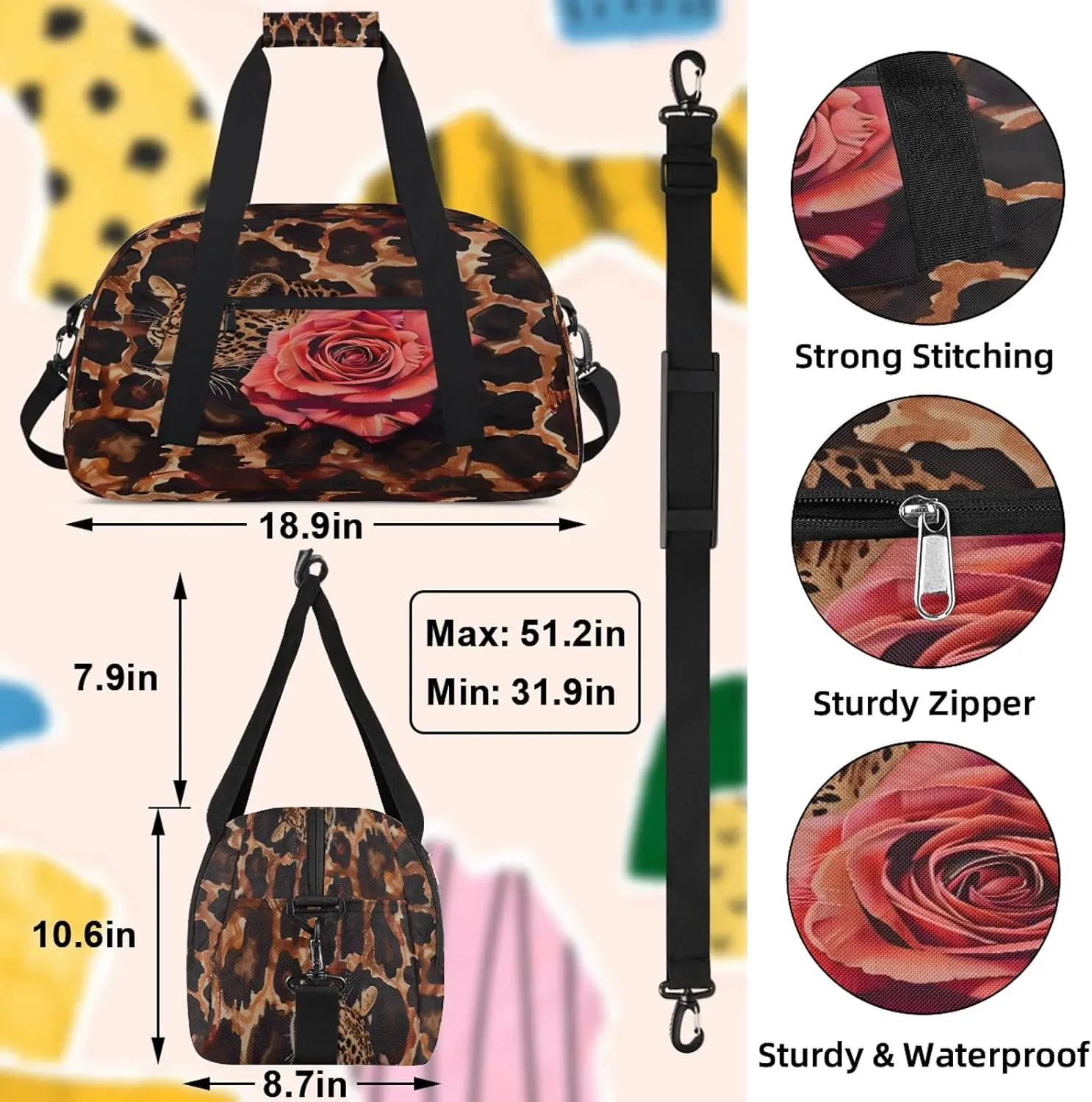 Leopard Print Rose Small Gym Bag 18 inch Carry On Duffel Bag for Weekender Travel Sports Workout Yoga Gymnastics Dance Ballet