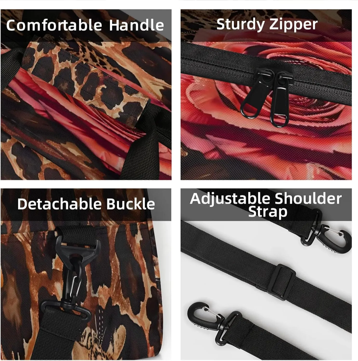 Leopard Print Rose Small Gym Bag 18 inch Carry On Duffel Bag for Weekender Travel Sports Workout Yoga Gymnastics Dance Ballet