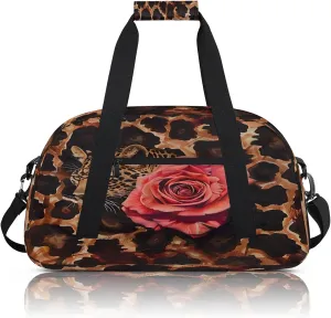 Leopard Print Rose Small Gym Bag 18 inch Carry On Duffel Bag for Weekender Travel Sports Workout Yoga Gymnastics Dance Ballet