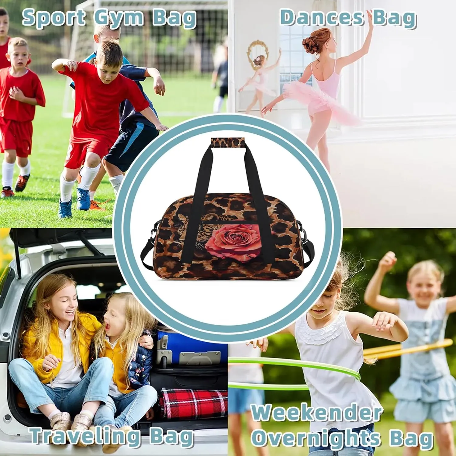 Leopard Print Rose Small Gym Bag 18 inch Carry On Duffel Bag for Weekender Travel Sports Workout Yoga Gymnastics Dance Ballet