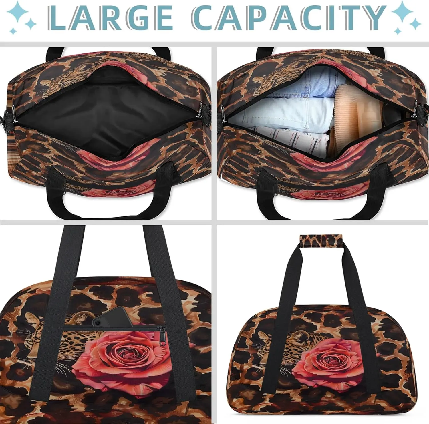 Leopard Print Rose Small Gym Bag 18 inch Carry On Duffel Bag for Weekender Travel Sports Workout Yoga Gymnastics Dance Ballet