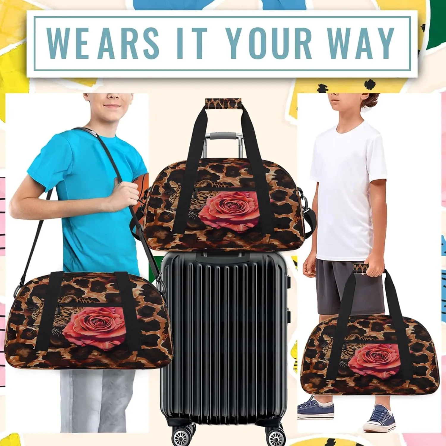 Leopard Print Rose Small Gym Bag 18 inch Carry On Duffel Bag for Weekender Travel Sports Workout Yoga Gymnastics Dance Ballet