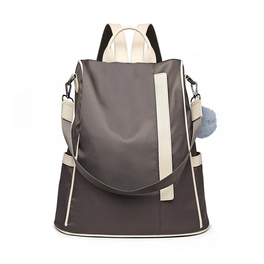 Lg6917 - Miss Lulu Two Way Anti-theft Backpack With Pom Pom Pendant - Grey