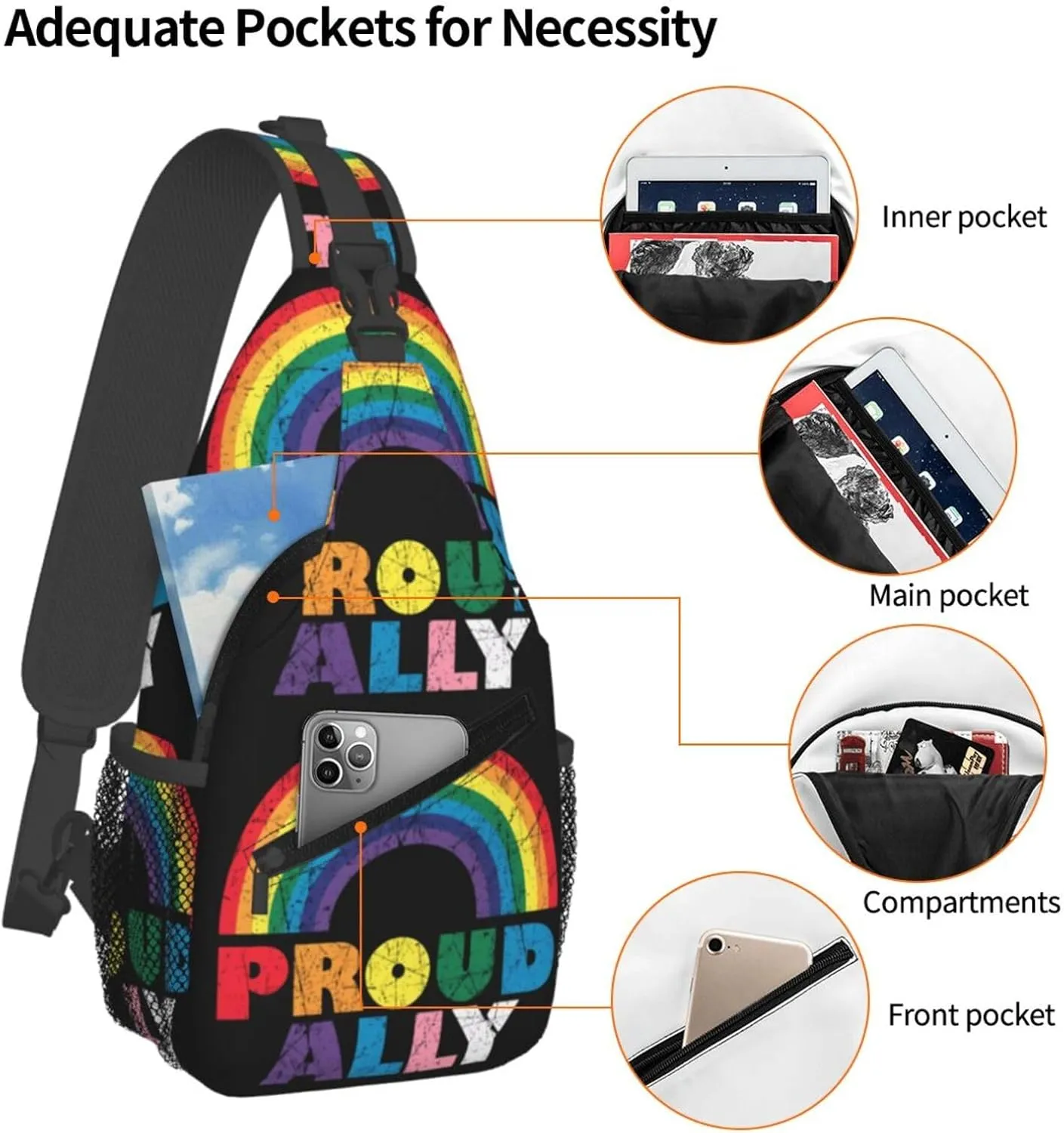 Lgbt Pride Rainbow Gay Rights Lesbian Equality Proud Ally Chest Sling Bag Crossbody Shoulder Backpack Bag Gym Cycling Daypack Travel Hiking Cross Bag