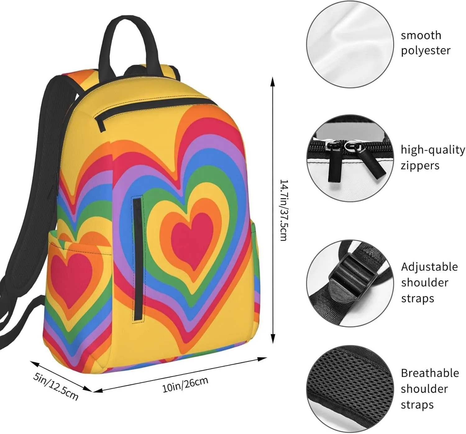 LGBT Rainbow Gay Pride Psychedelic Heart Travel Laptop Backpack Casual Backpacks Double Shoulder Daypack Notebook Rucksack Work Bags Sports Bag for Hiking Camping Beach