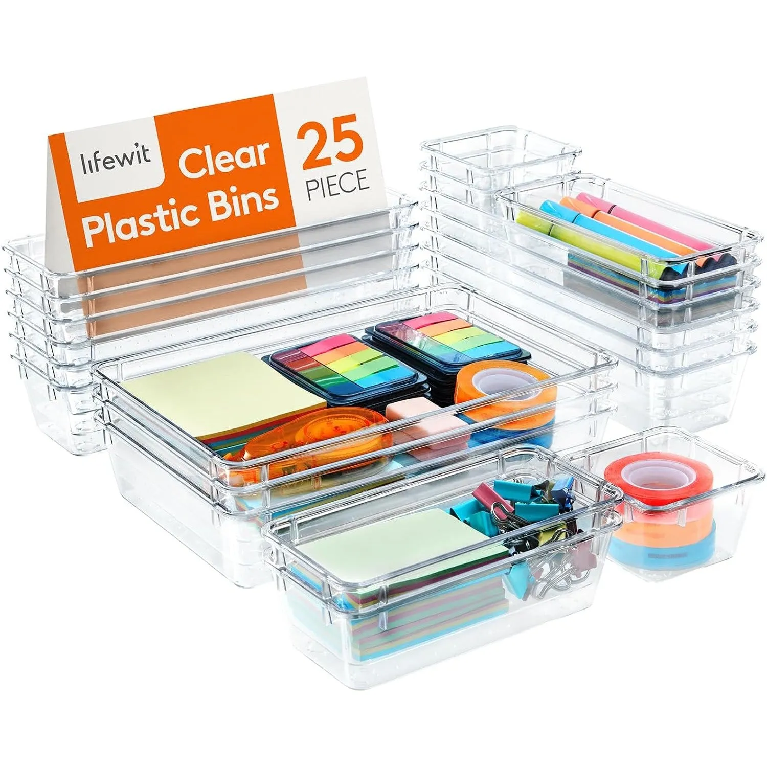 Lifewit 25 PCS Drawer Organizer Set Clear Plastic Desk Drawer Dividers Trays Dresser Storage Bins Separation Box for Makeup, Jewelries and Gadgets, Bedroom, Bathroom, Office
