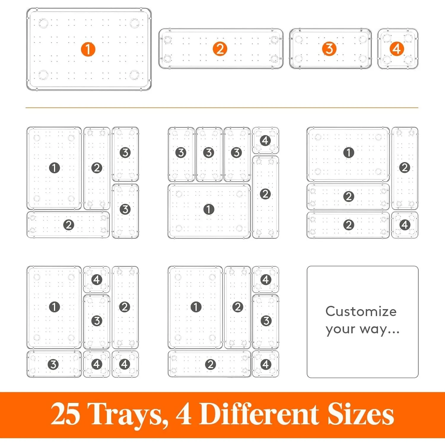 Lifewit 25 PCS Drawer Organizer Set Clear Plastic Desk Drawer Dividers Trays Dresser Storage Bins Separation Box for Makeup, Jewelries and Gadgets, Bedroom, Bathroom, Office