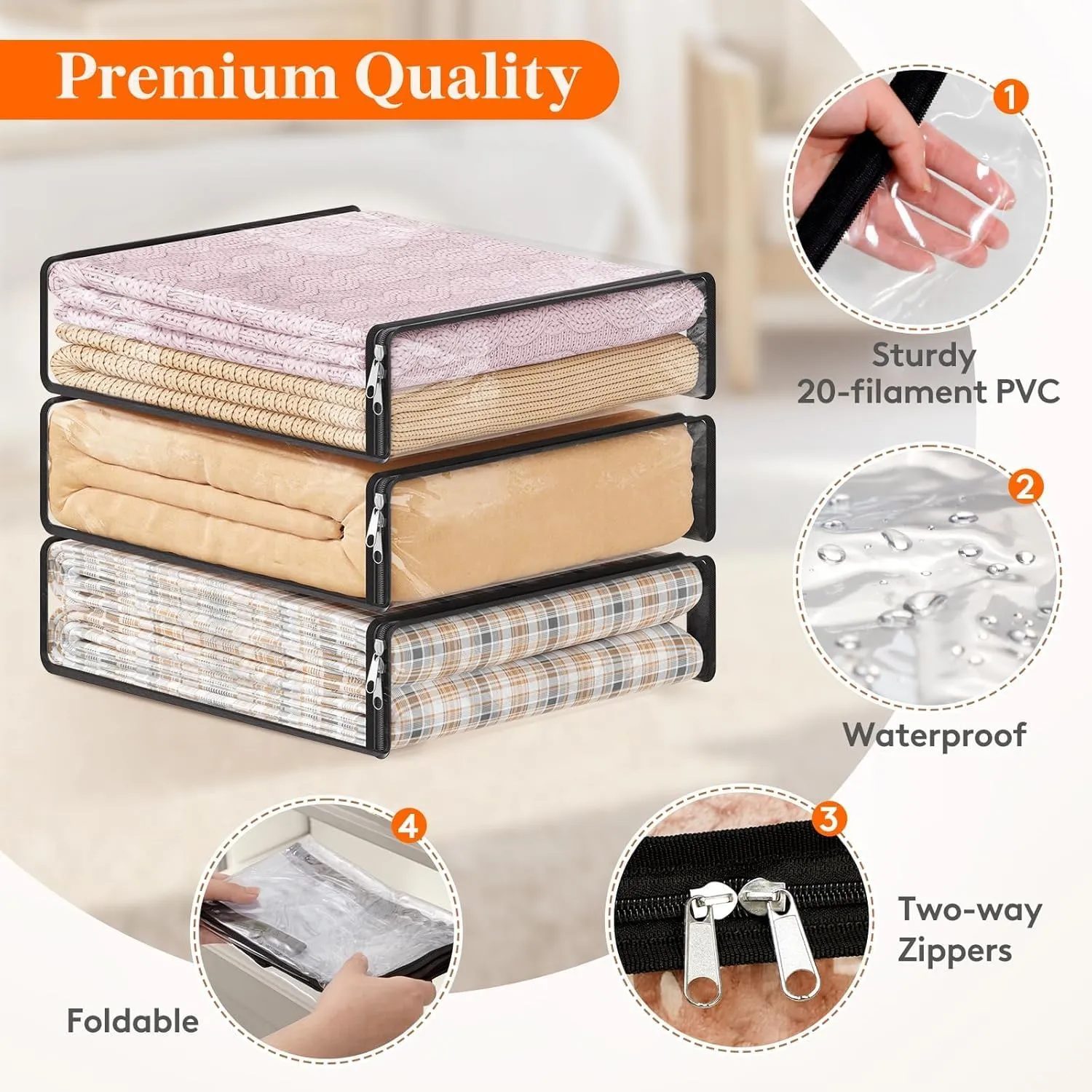 Lifewit 6 Pack 14L Clear Clothes Storage Bags with Zipper, Plastic Sweater Storage, Vinyl Foldable Blanket Containers Organizers, Moving Bag for Bed Sheet, Clothing, 15.7 x 13.8 x 3.9 Inch