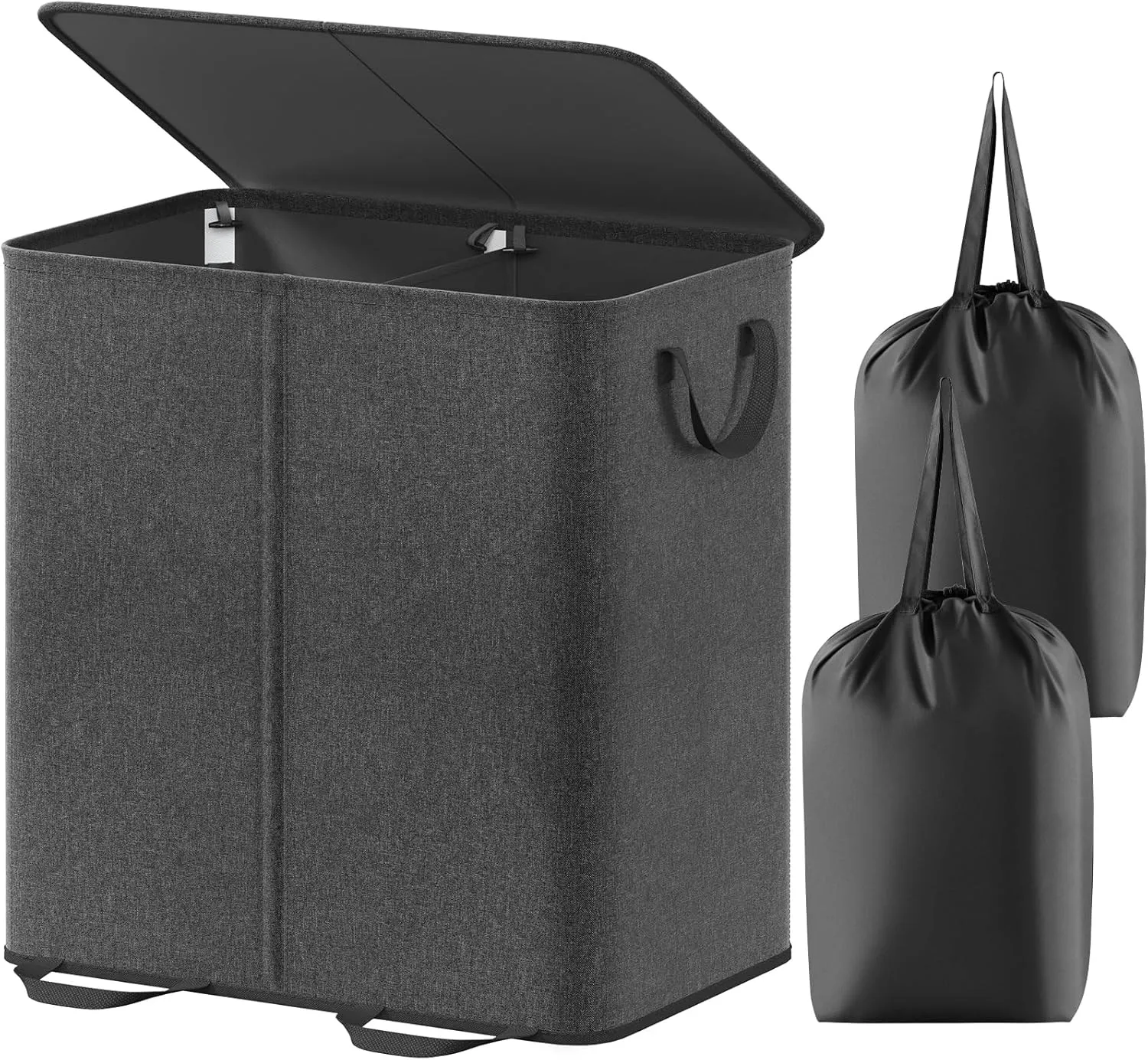 Lifewit Double Laundry Hamper with Lid and Removable Laundry Bags, Large Collapsible 2 Dividers Dirty Clothes Basket with Handles for Bedroom, Laundry Room, Closet, Bathroom, College, 136L Black