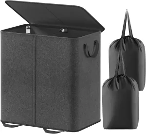 Lifewit Double Laundry Hamper with Lid and Removable Laundry Bags, Large Collapsible 2 Dividers Dirty Clothes Basket with Handles for Bedroom, Laundry Room, Closet, Bathroom, College, 136L Black