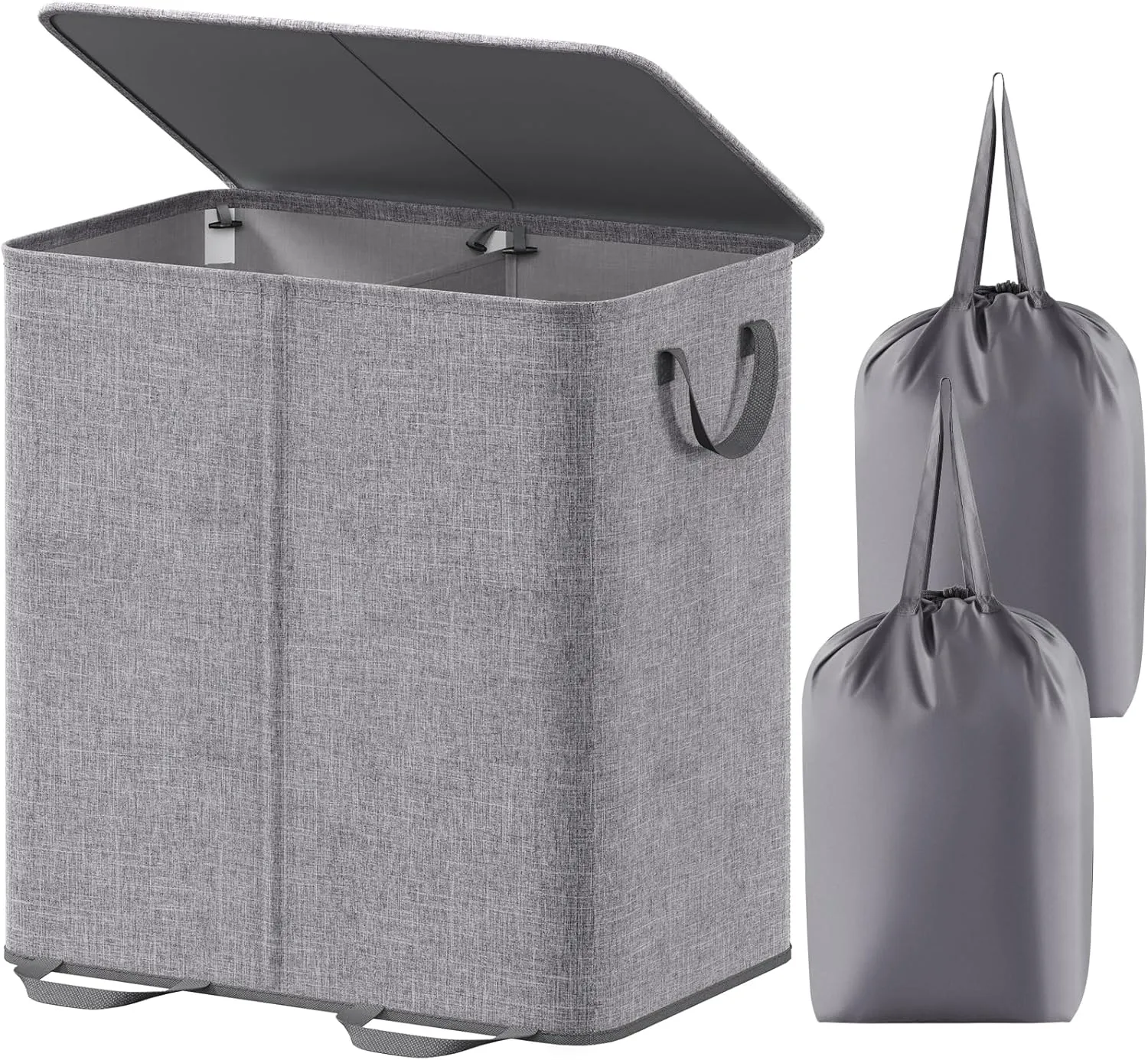 Lifewit Double Laundry Hamper with Lid and Removable Laundry Bags, Large Collapsible 2 Dividers Dirty Clothes Basket with Handles for Bedroom, Laundry Room, Closet, Bathroom, College, 136L Grey