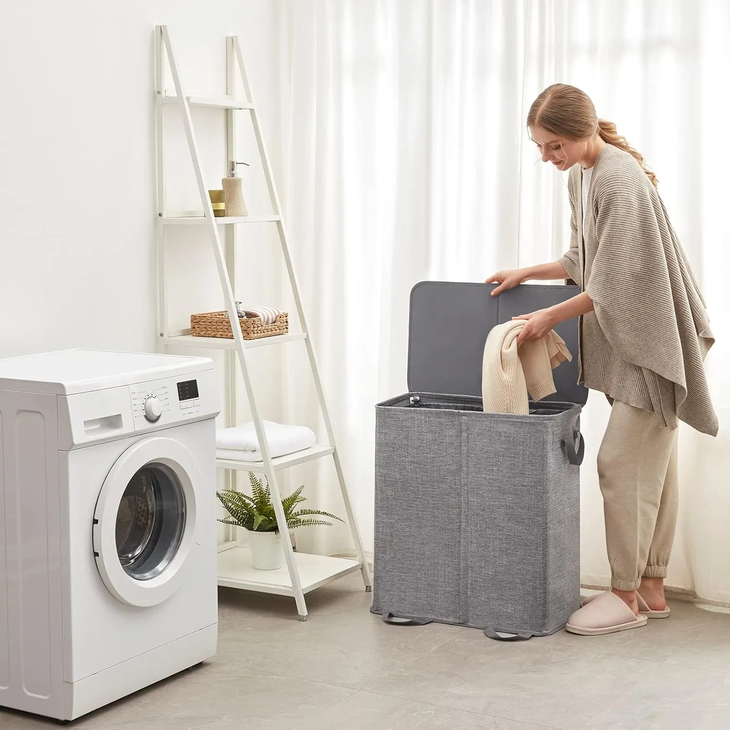 Lifewit Double Laundry Hamper with Lid and Removable Laundry Bags, Large Collapsible 2 Dividers Dirty Clothes Basket with Handles for Bedroom, Laundry Room, Closet, Bathroom, College, 136L Grey