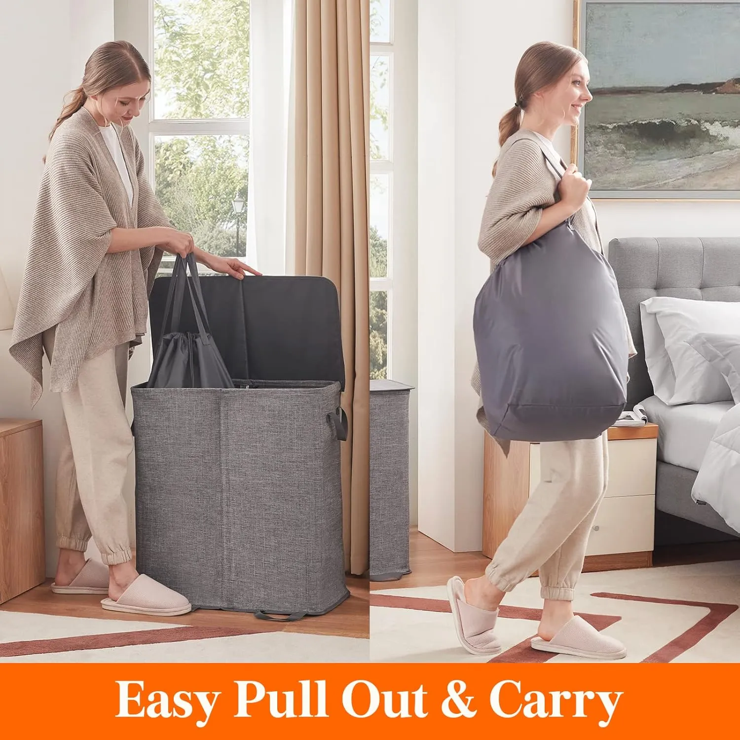 Lifewit Double Laundry Hamper with Lid and Removable Laundry Bags, Large Collapsible 2 Dividers Dirty Clothes Basket with Handles for Bedroom, Laundry Room, Closet, Bathroom, College, 136L Grey