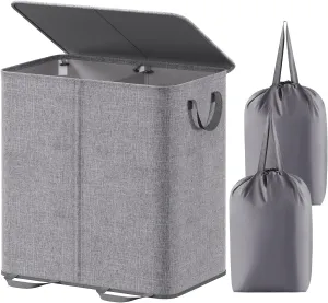 Lifewit Double Laundry Hamper with Lid and Removable Laundry Bags, Large Collapsible 2 Dividers Dirty Clothes Basket with Handles for Bedroom, Laundry Room, Closet, Bathroom, College, 136L Grey