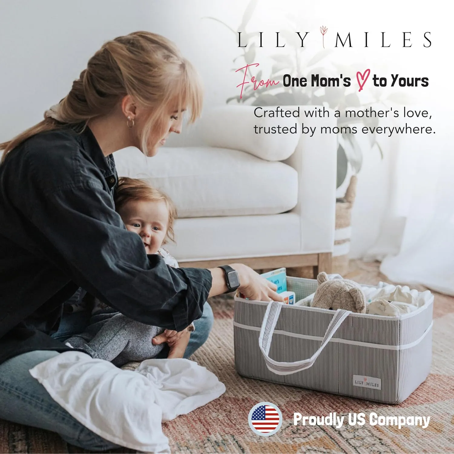 Lily Miles Baby Diaper Caddy - Organizer Tote Bag for Baby Girl Essentials - Baby Shower Basket - Nursery Must Haves - Registry Favorites - Newborn Caddie Car Travel - Gray/Blush, Extra Large