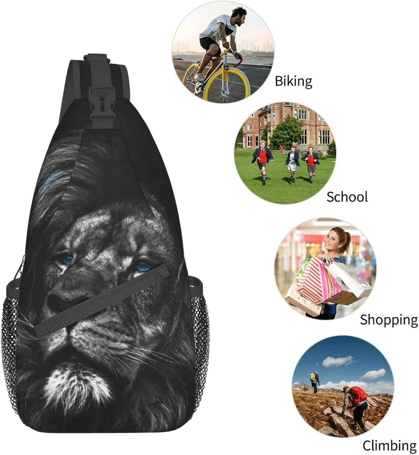 Lion Portrait Black Sling Bag for Men Women Crossbody Sling Backpack Travel Hiking Daypack Shoulder Chest Bag with Adjustable Strap