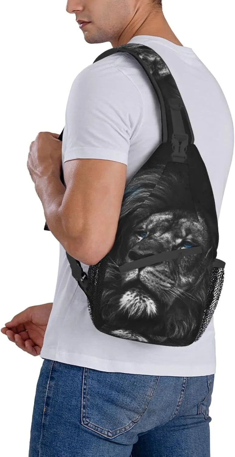 Lion Portrait Black Sling Bag for Men Women Crossbody Sling Backpack Travel Hiking Daypack Shoulder Chest Bag with Adjustable Strap
