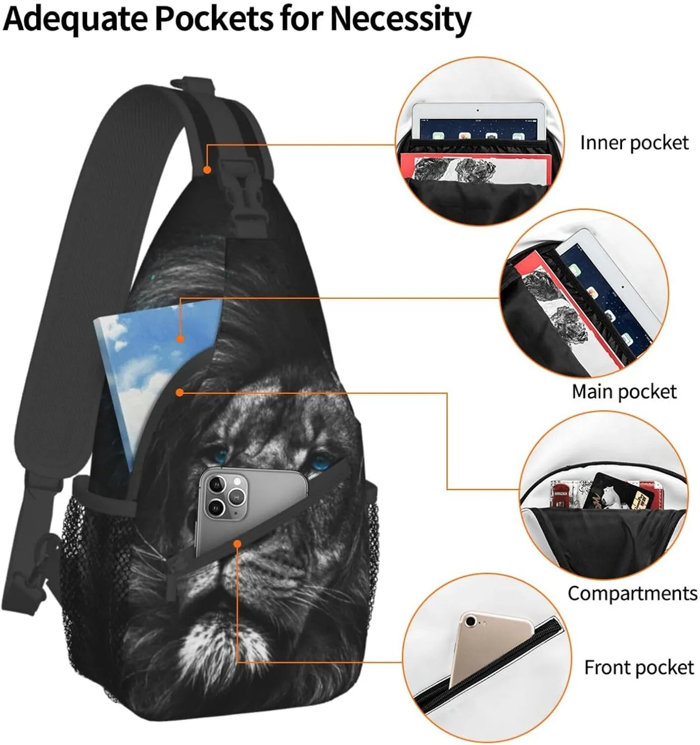 Lion Portrait Black Sling Bag for Men Women Crossbody Sling Backpack Travel Hiking Daypack Shoulder Chest Bag with Adjustable Strap