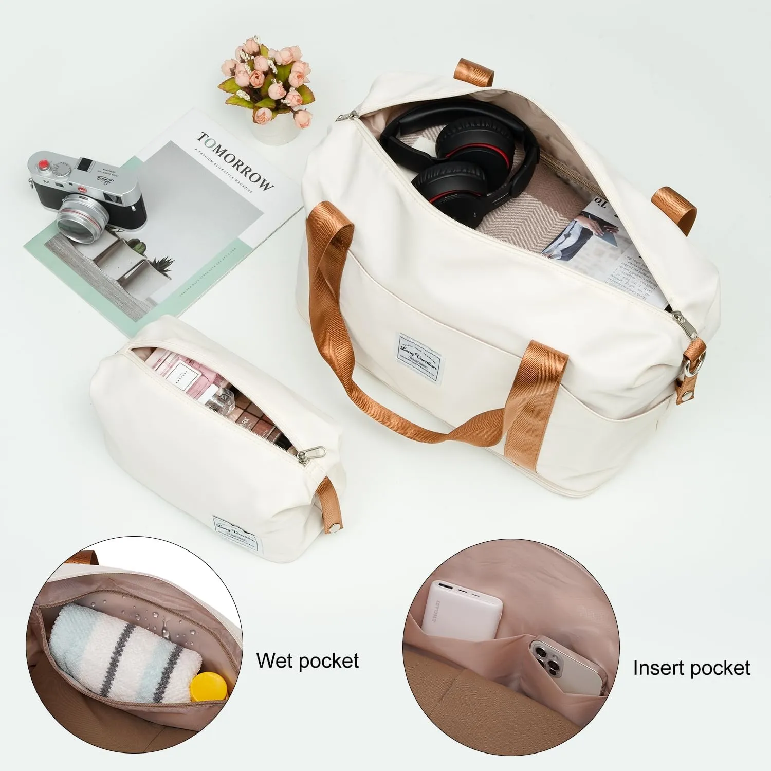 LONG VACATION Luggage Set Lightweight Carry on Suitcase ABS Hardshell Luggage TSA Lock Spinner Wheels(3 piece set (DB), WHITE-BROWN)