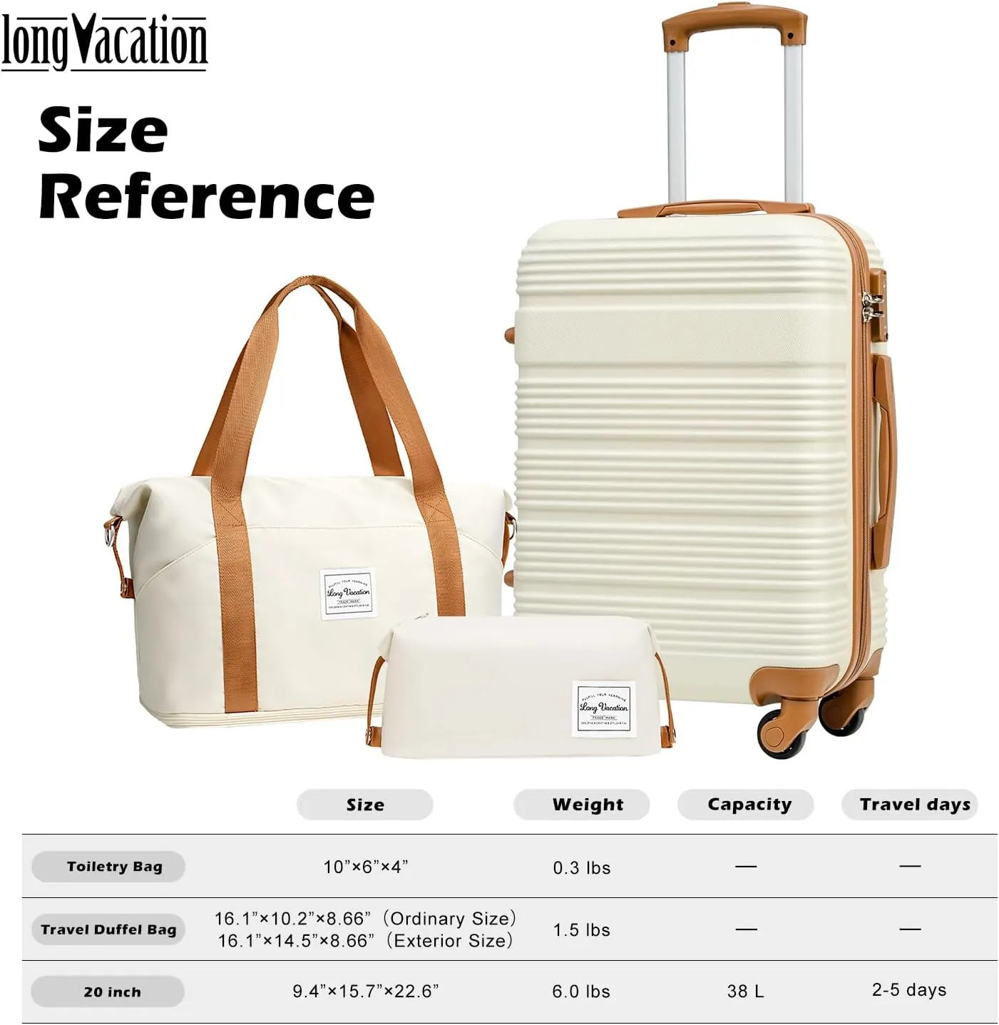 LONG VACATION Luggage Set Lightweight Carry on Suitcase ABS Hardshell Luggage TSA Lock Spinner Wheels(3 piece set (DB), WHITE-BROWN)