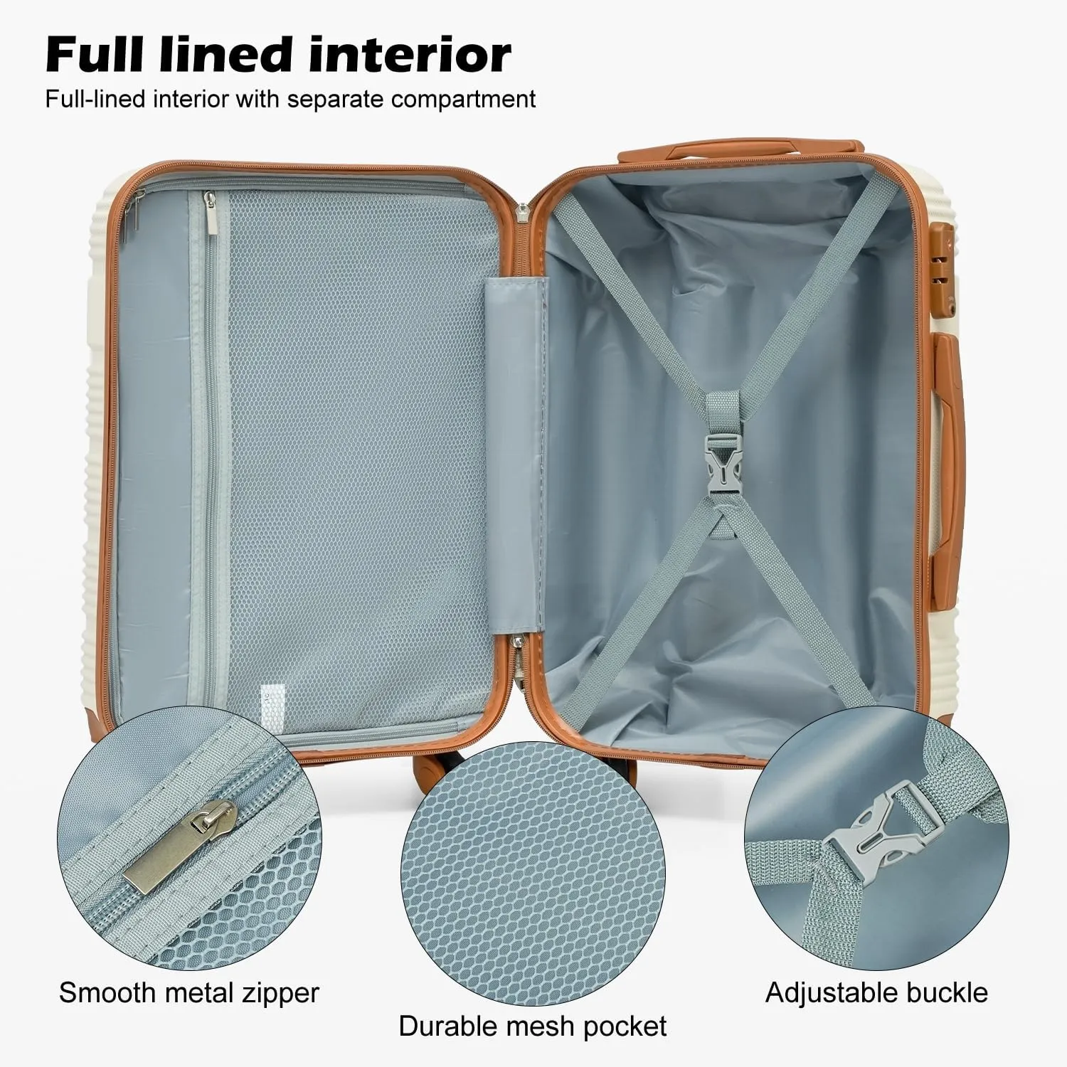 LONG VACATION Luggage Set Lightweight Carry on Suitcase ABS Hardshell Luggage TSA Lock Spinner Wheels(3 piece set (DB), WHITE-BROWN)