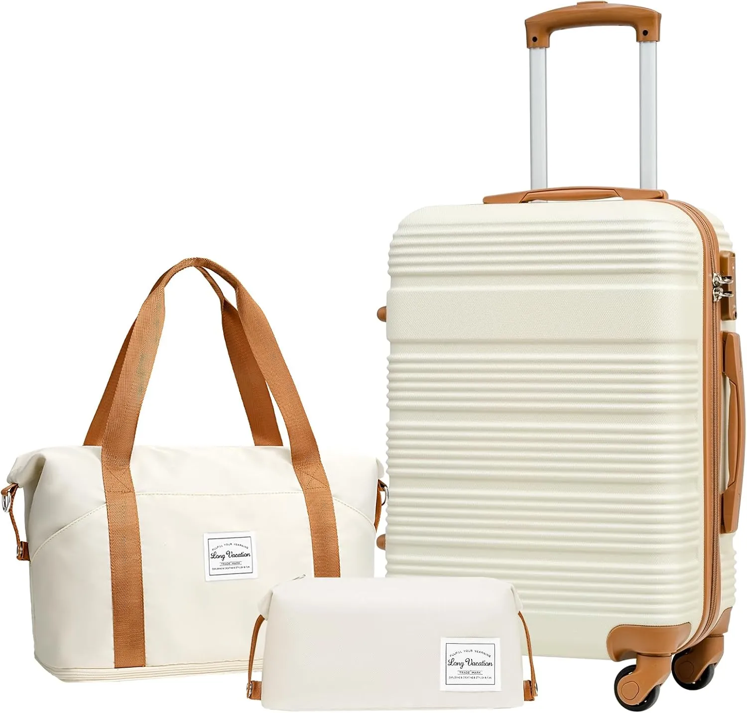 LONG VACATION Luggage Set Lightweight Carry on Suitcase ABS Hardshell Luggage TSA Lock Spinner Wheels(3 piece set (DB), WHITE-BROWN)