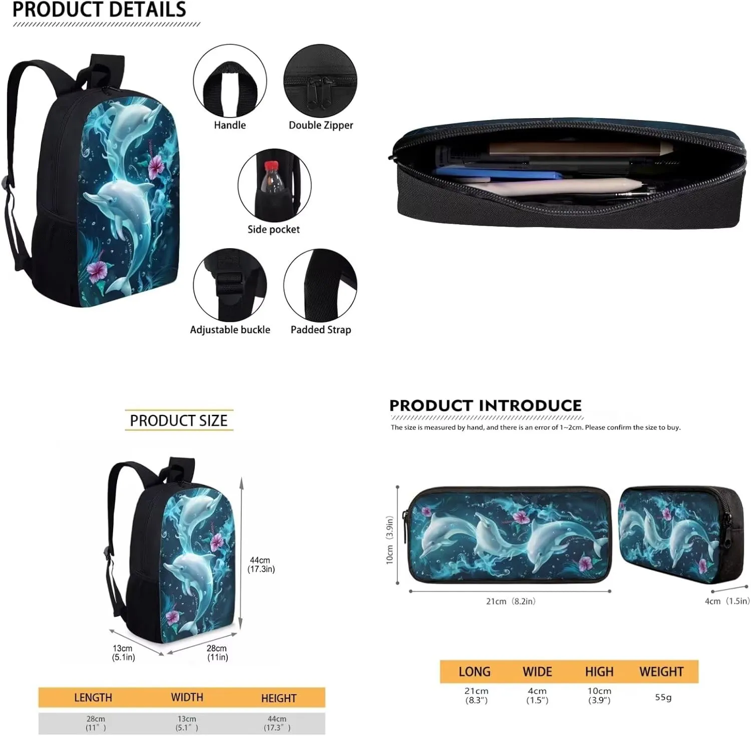 Lotusorchid Dolphin Kids Bookbag Set for Boys Girls, Lightweight Hibiscus Flowers 3PCs Bookbag for Students, Sturdy School Backpacks Set with Lunch Bag Pencil Case for Elementary Junior School