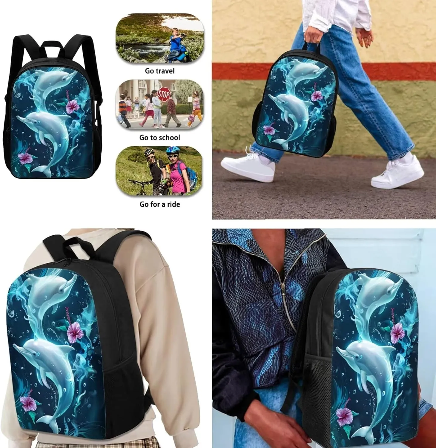 Lotusorchid Dolphin Kids Bookbag Set for Boys Girls, Lightweight Hibiscus Flowers 3PCs Bookbag for Students, Sturdy School Backpacks Set with Lunch Bag Pencil Case for Elementary Junior School