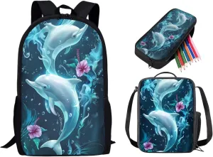 Lotusorchid Dolphin Kids Bookbag Set for Boys Girls, Lightweight Hibiscus Flowers 3PCs Bookbag for Students, Sturdy School Backpacks Set with Lunch Bag Pencil Case for Elementary Junior School