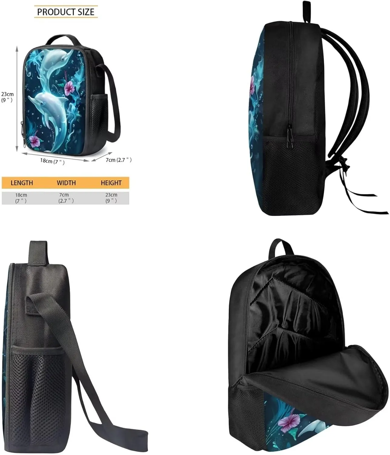 Lotusorchid Dolphin Kids Bookbag Set for Boys Girls, Lightweight Hibiscus Flowers 3PCs Bookbag for Students, Sturdy School Backpacks Set with Lunch Bag Pencil Case for Elementary Junior School