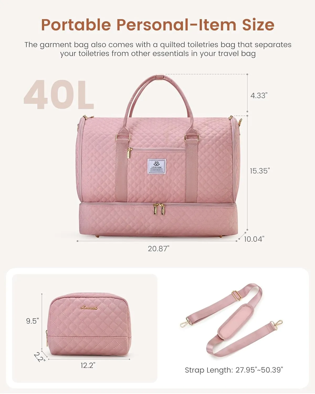 LOVEVOOK Convertible Garment Bag for Women with Shoe Pouch, Carry On Travel Duffel Bag with Toiletry Bag, 2 in 1 Hanging Suitcase Suit Bag, Waterproof Weekender Bag for Business Trip, Wedding, Pink