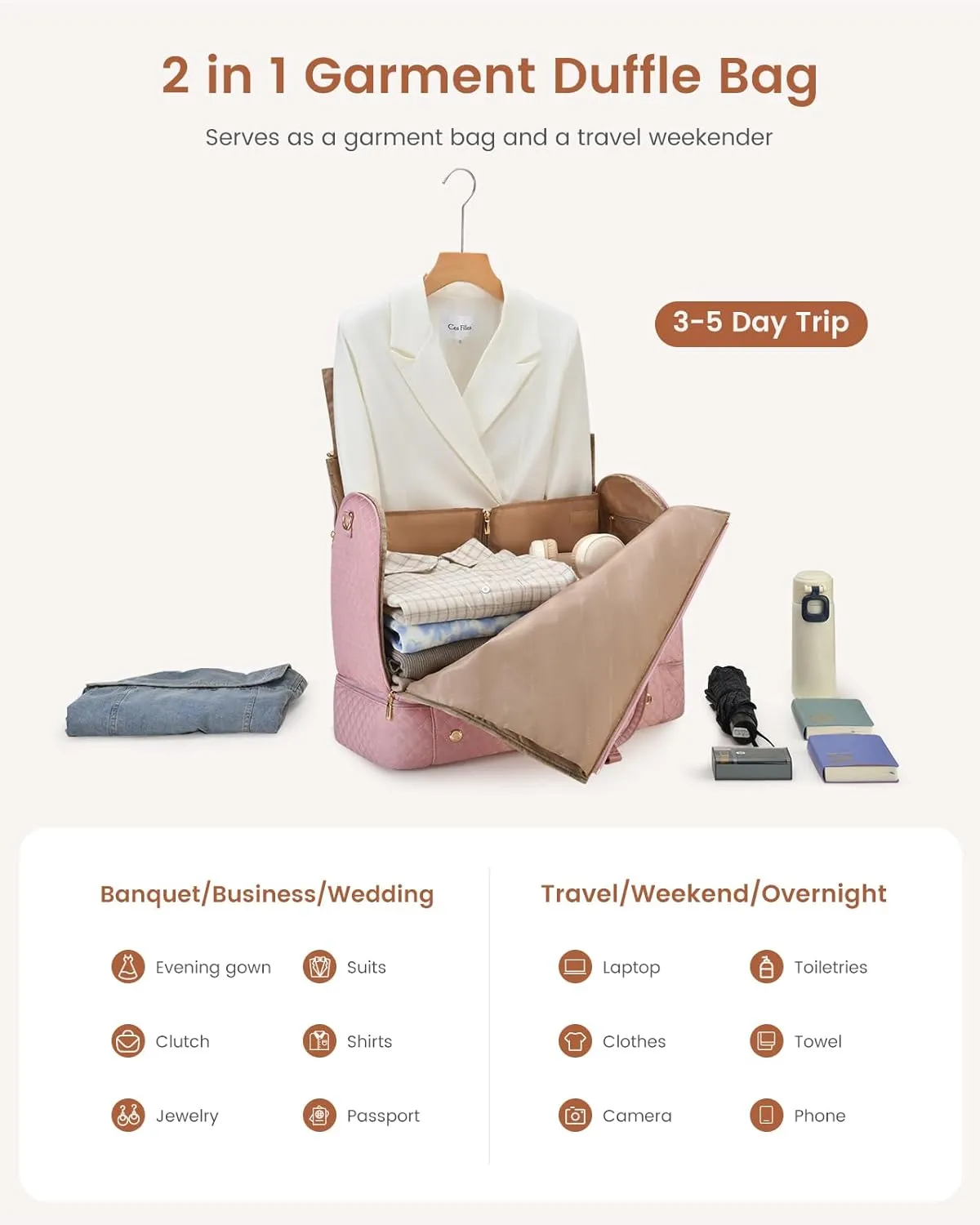 LOVEVOOK Convertible Garment Bag for Women with Shoe Pouch, Carry On Travel Duffel Bag with Toiletry Bag, 2 in 1 Hanging Suitcase Suit Bag, Waterproof Weekender Bag for Business Trip, Wedding, Pink